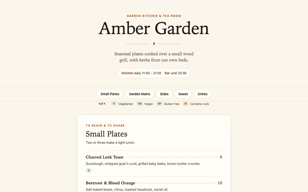Amber Garden Menu With Qr