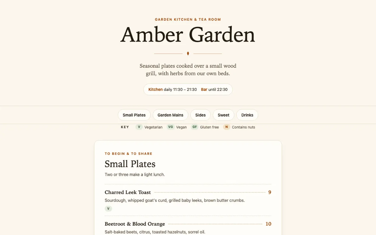 Amber Garden Menu With Qr