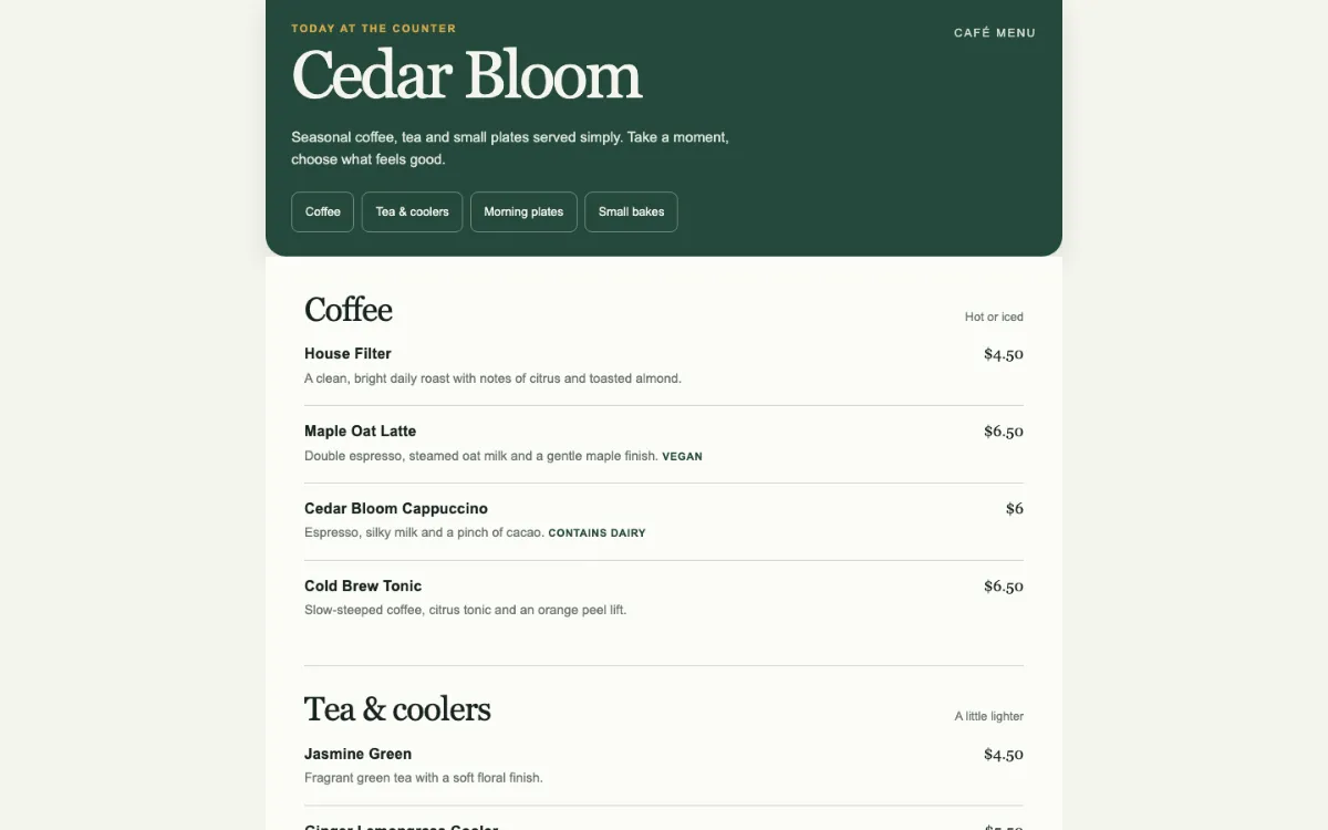 Cedar Bloom Menu With Qr