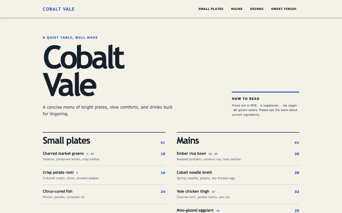 Cobalt Vale Menu With Qr