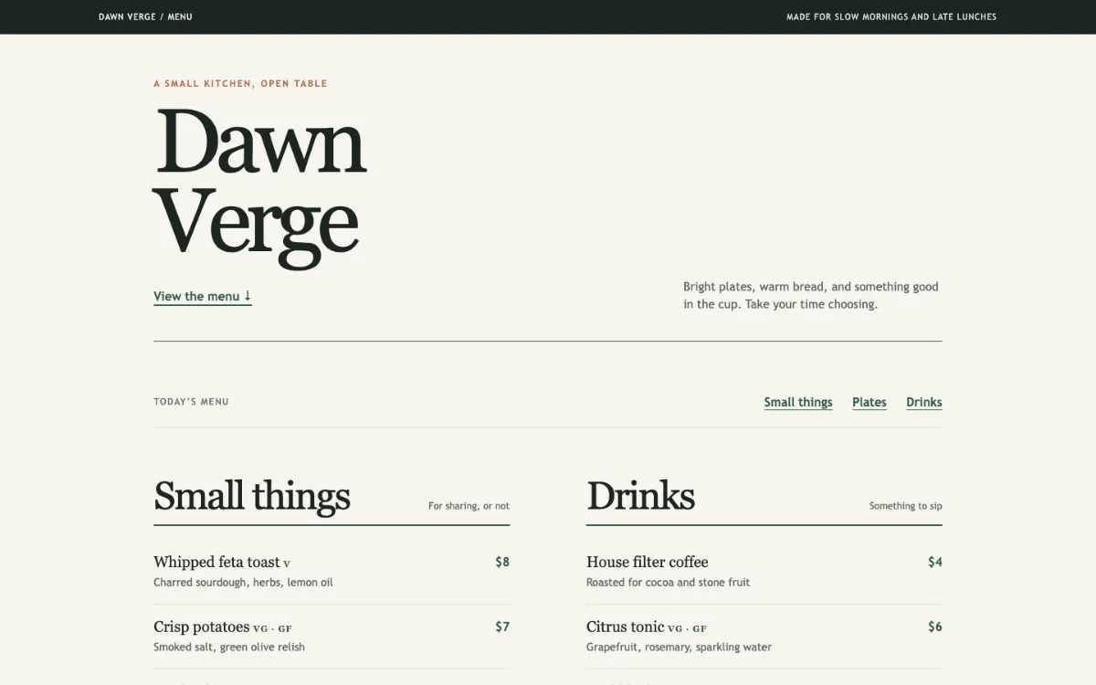 Dawn Verge Menu With Qr