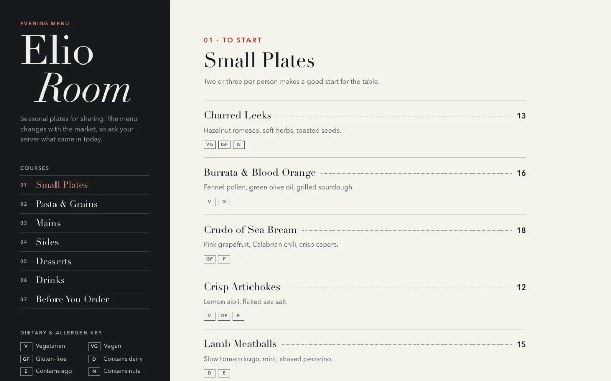 Elio Room Menu With Qr