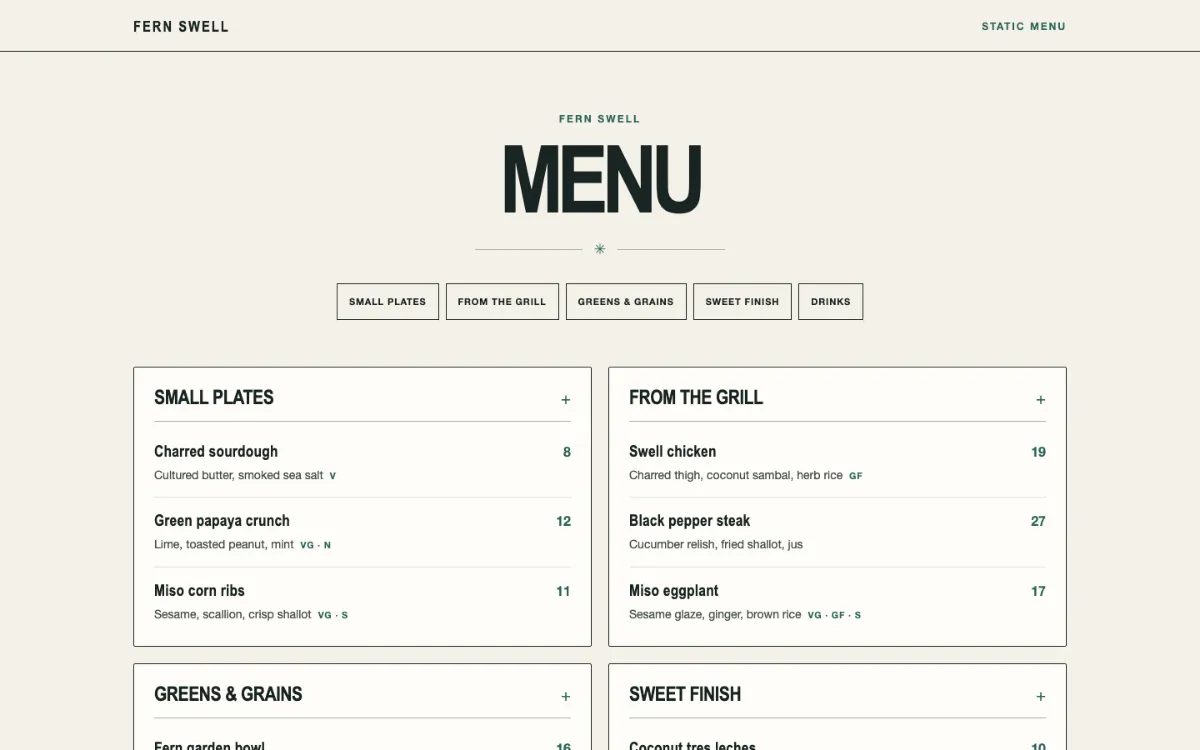 Fern Swell Menu With Qr