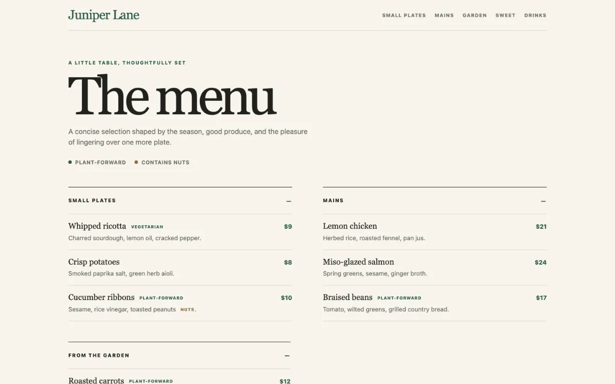 Juniper Lane Menu With Qr