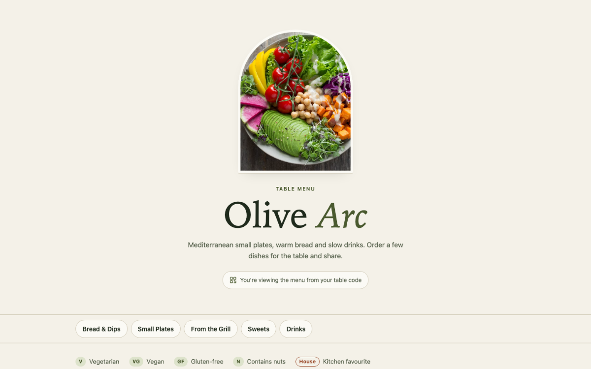 Olive Arc Menu With Qr