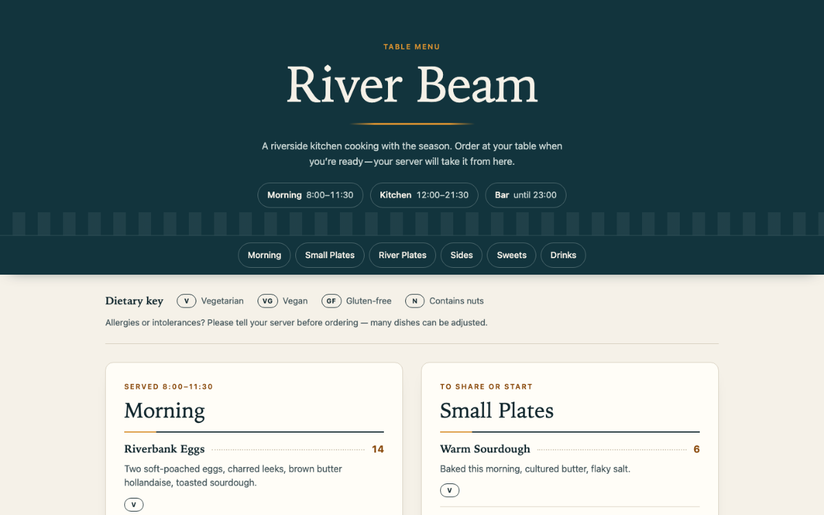River Beam Menu With Qr