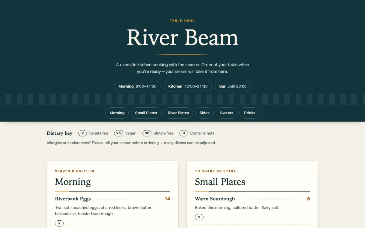 River Beam Menu With Qr