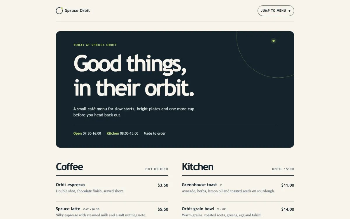 Spruce Orbit Menu With Qr
