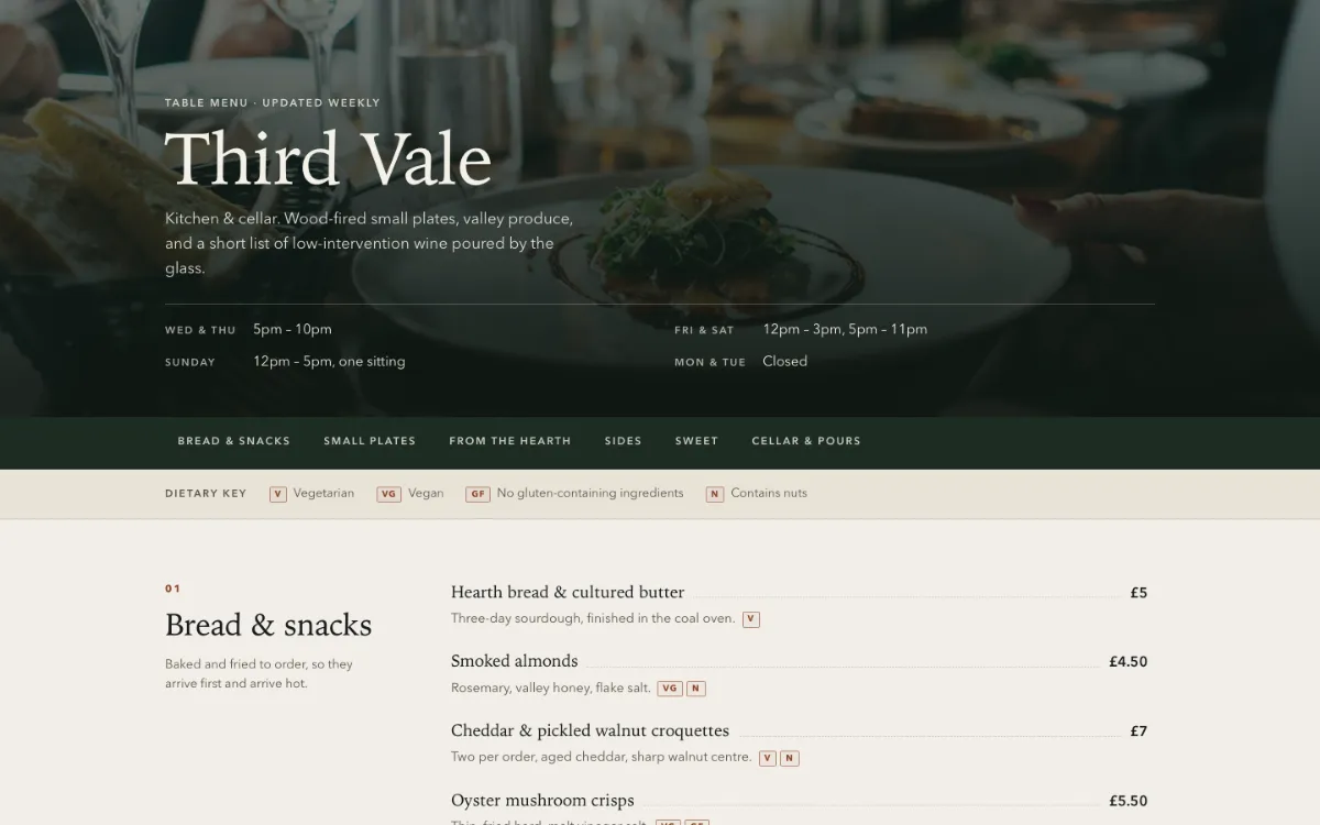 Third Vale Menu With Qr