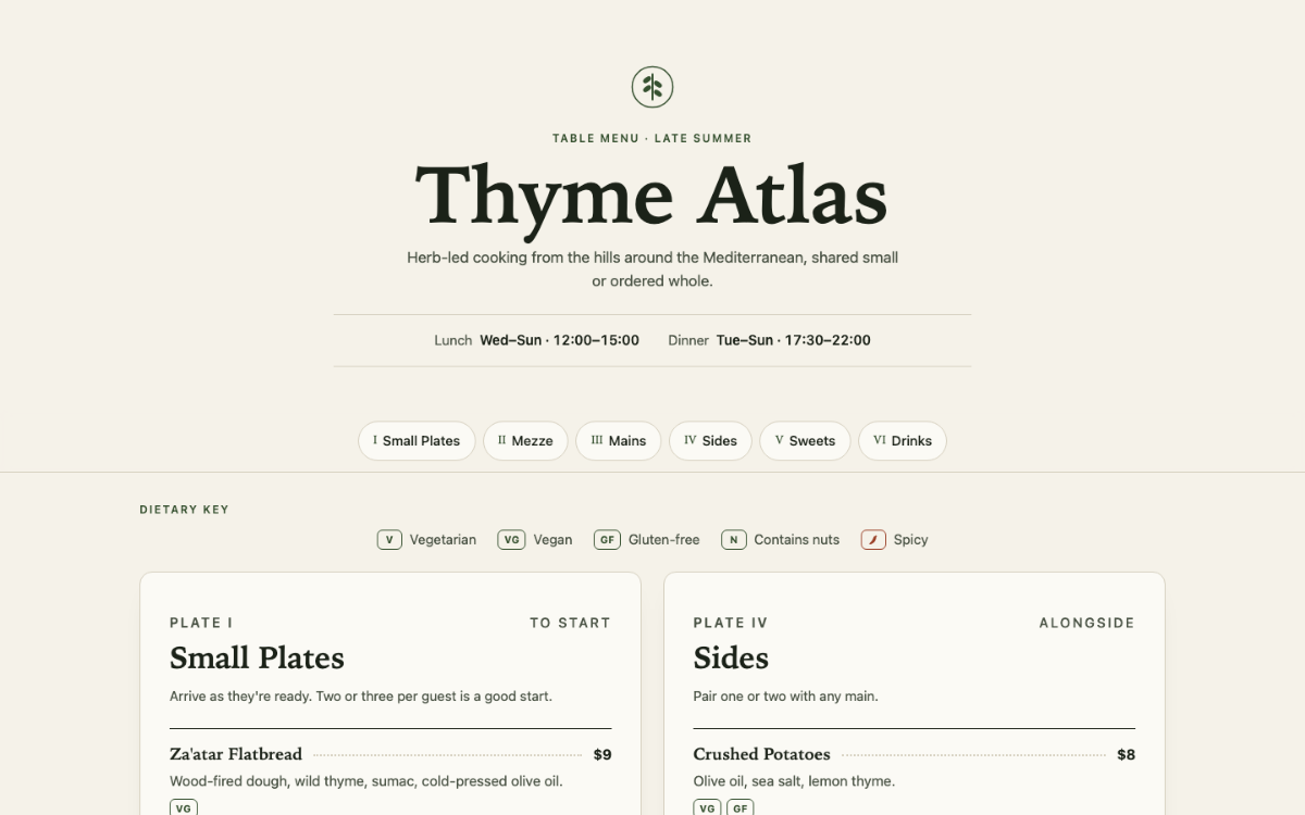 Thyme Atlas Menu With Qr