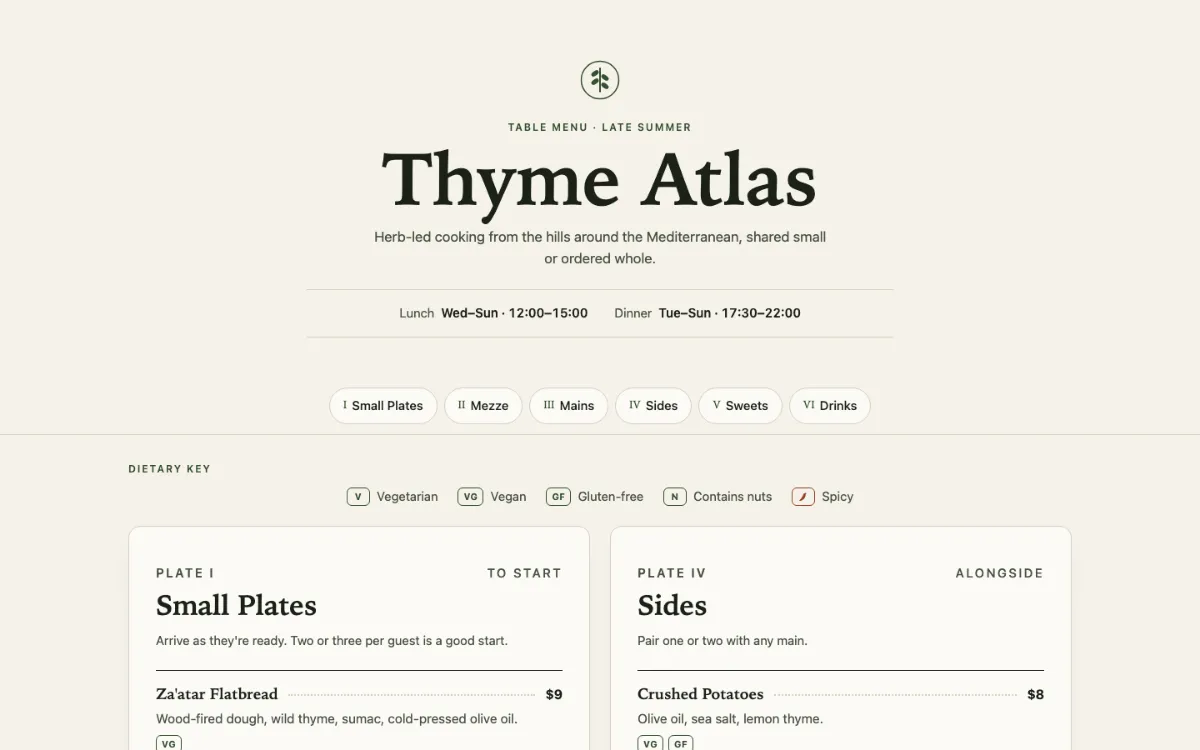 Thyme Atlas Menu With Qr