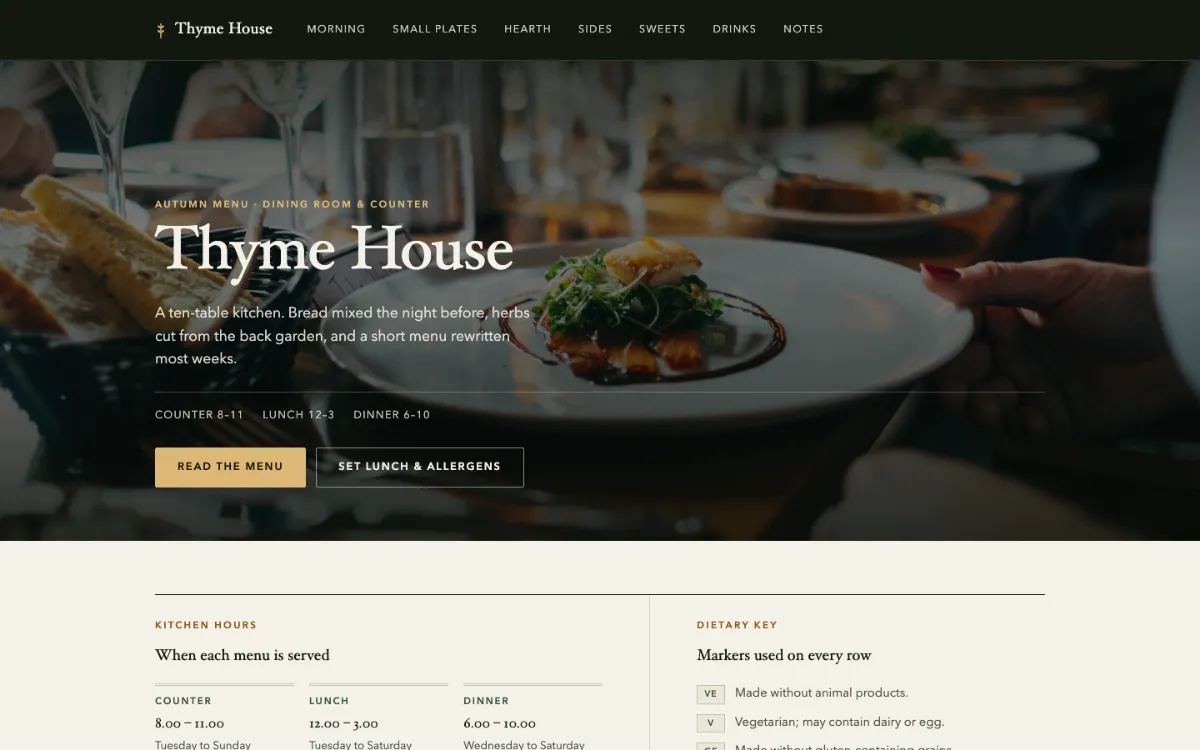 Thyme House Menu With Qr