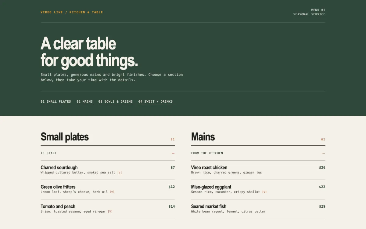 Vireo Line Menu With Qr