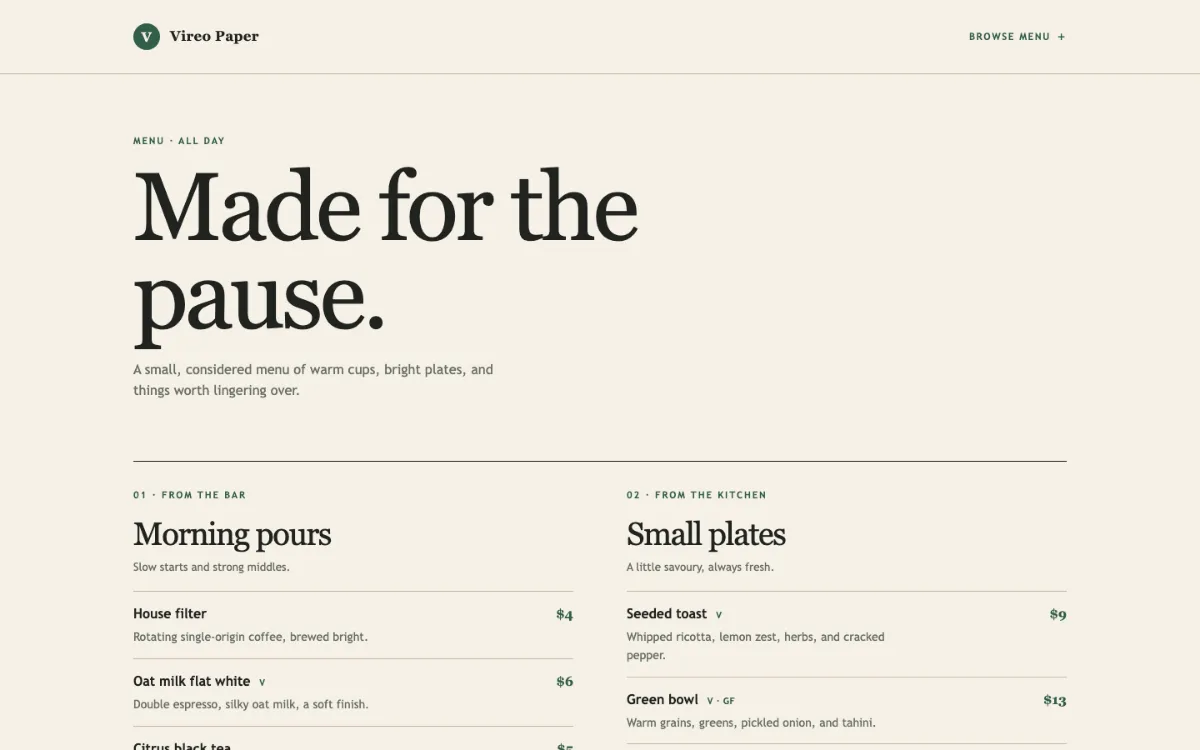 Vireo Paper Menu With Qr